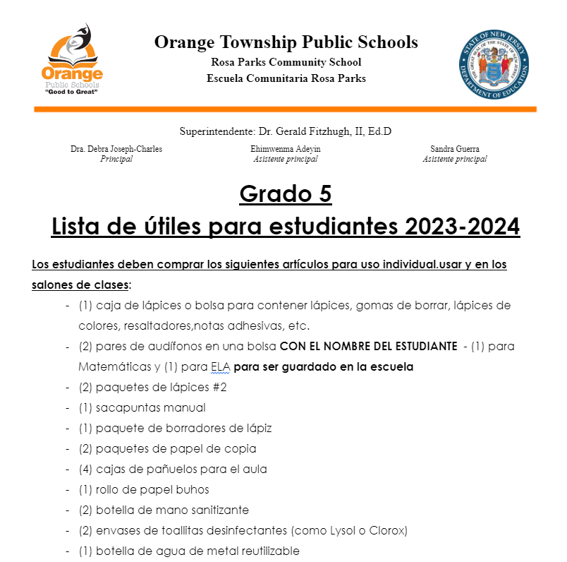 Spanish 5th grade supply list